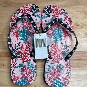 Vera‎ Bradley SHORE THING Women's Flip Flops Large Pink Sea Horses Corals Beachy